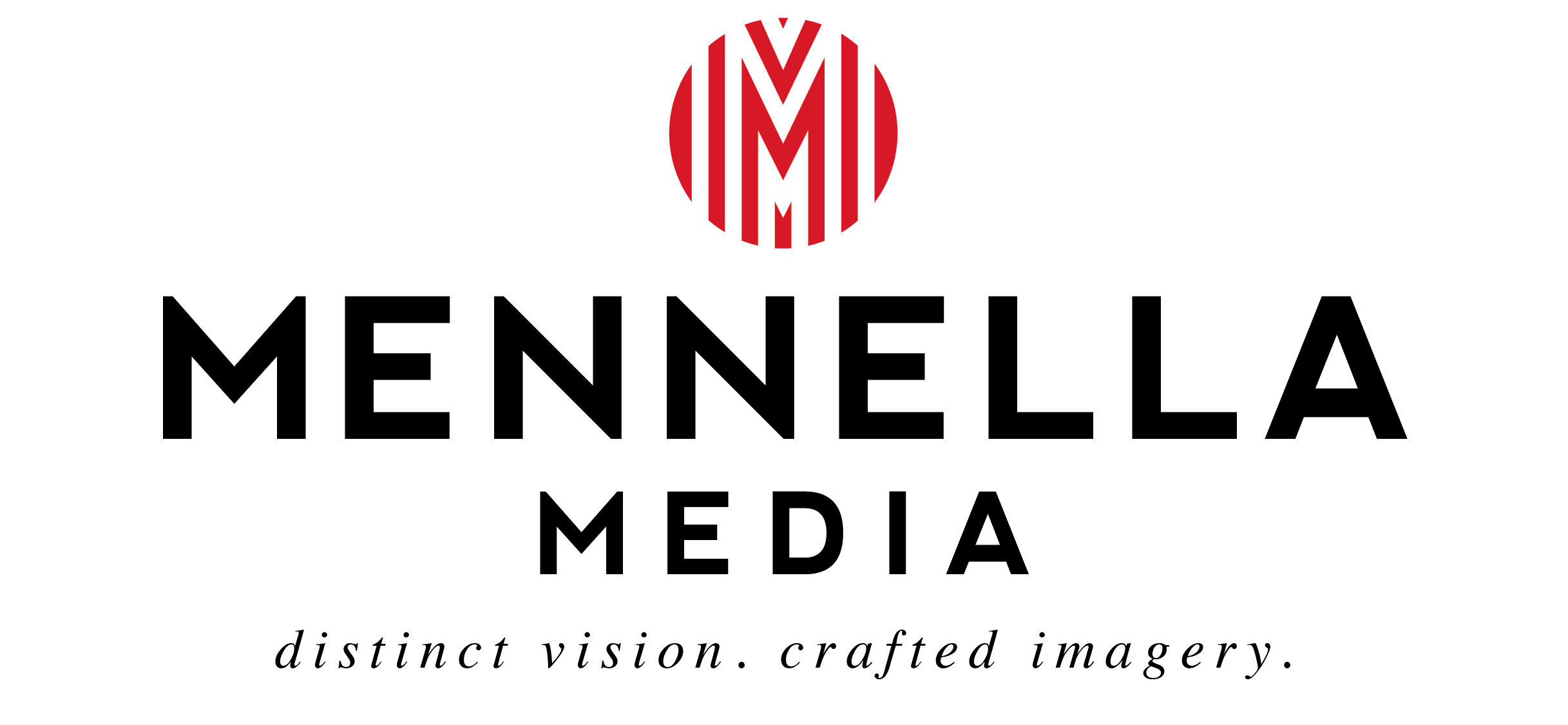 Mennella Media logo with a red circular emblem featuring overlapping M's, bold black text, and the tagline "distinct vision. crafted imagery."—perfect for creative direction in your next photoshoot or videoshoot.