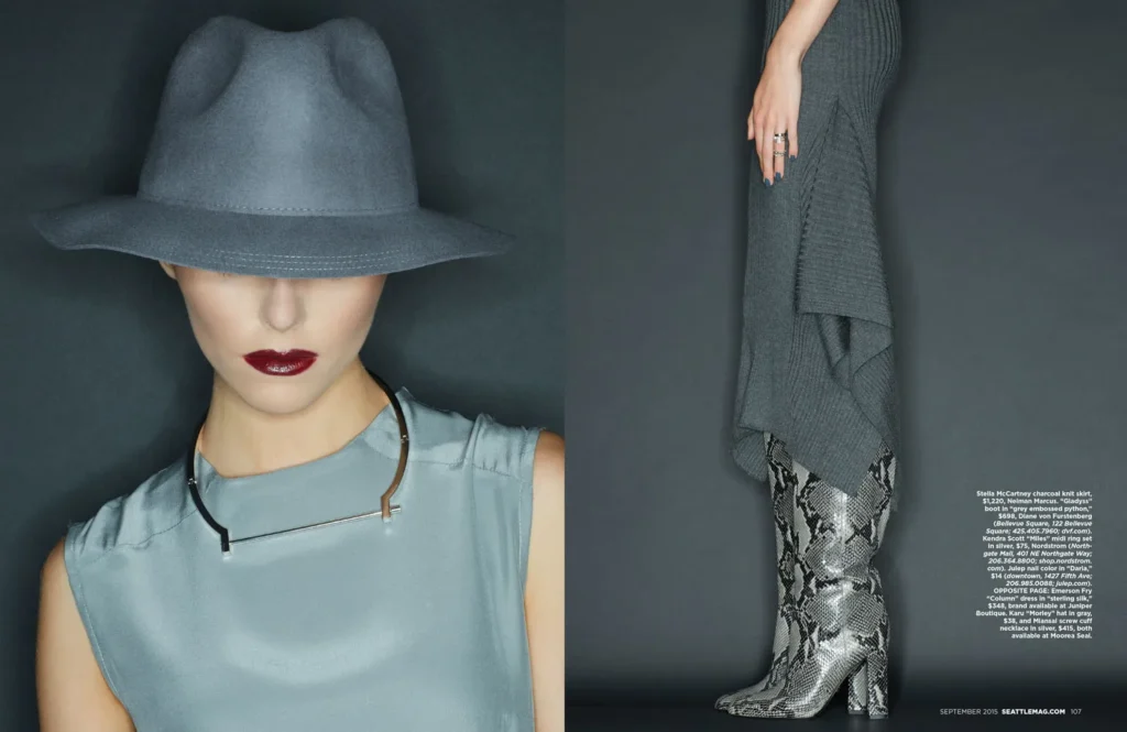 A person wearing a wide-brimmed gray hat, sleeveless gray top, and statement necklace on the left; on the right, the lower half shows a gray skirt and snakeskin boots—capturing a bold visual direction in this photoshoot.