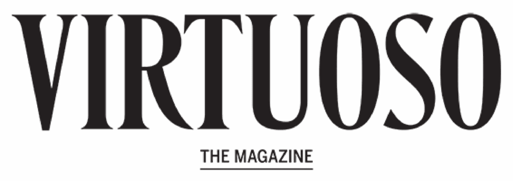 The word "VIRTUOSO" in large, bold black letters; below it, in smaller font, is the text "THE MAGAZINE" with a line above it—ideal for a creative director to showcase photoshoot or videoshoot highlights.